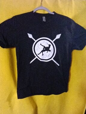 Black Graphic Crewneck T-Shirt with Silver Shield Print